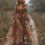 Boho Women's Maxi Dress with Low V-Neck and Long Sleeve | Samantha Style