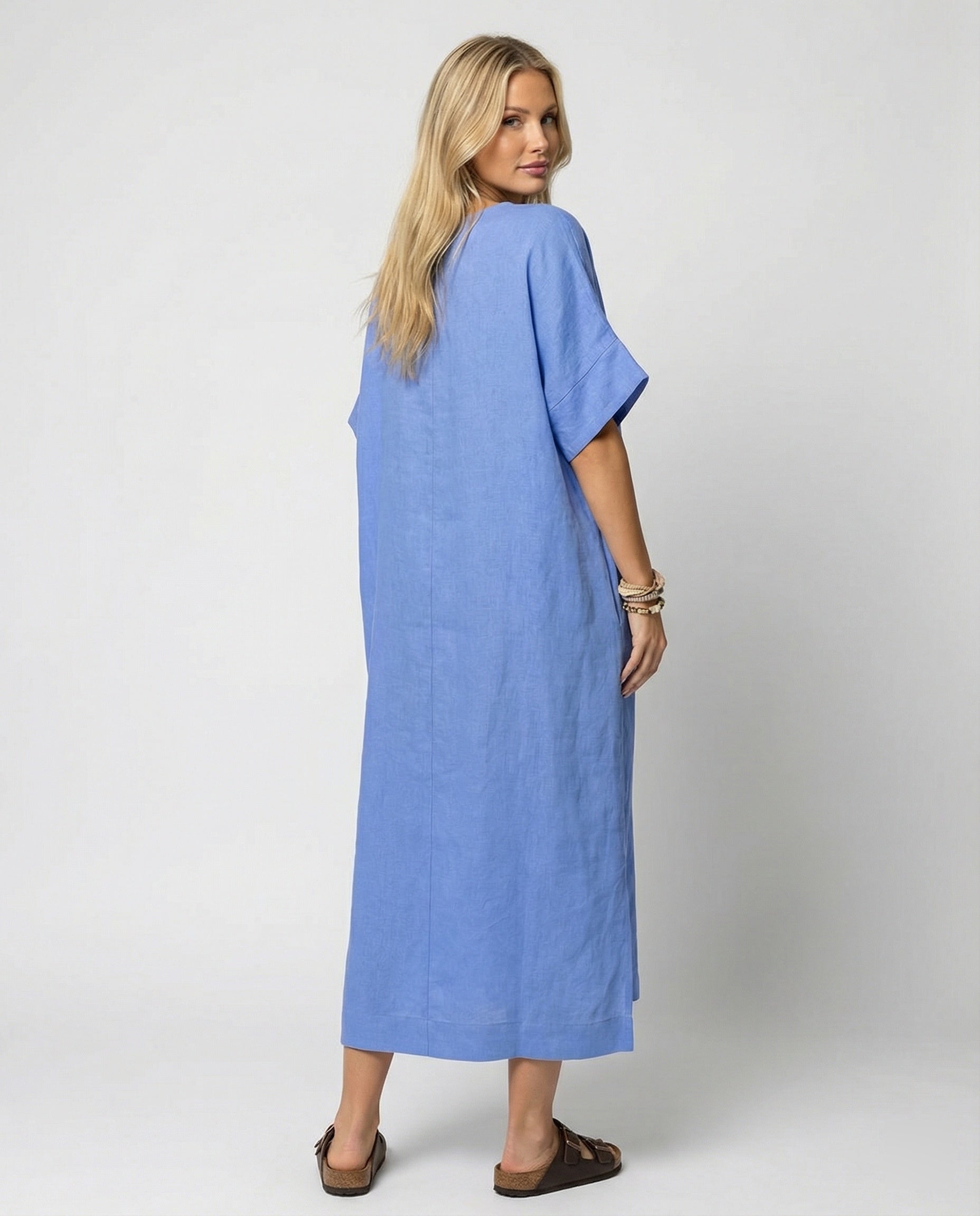 Women's Casual Linen Maxi Dress with V-Neck and Wide Cut Sleeves
