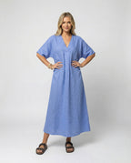 Women's Casual Linen Maxi Dress with V-Neck and Wide Cut Sleeves