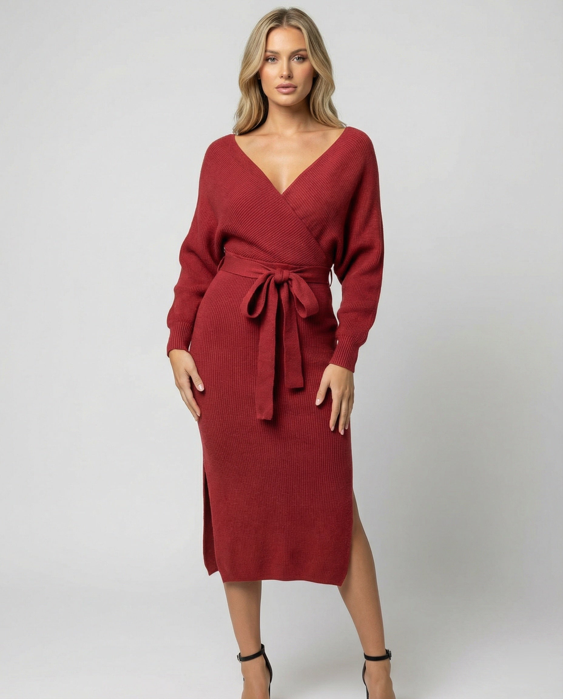 Women's Knit Dress with Elegant Wrap Design and Decorative Belt