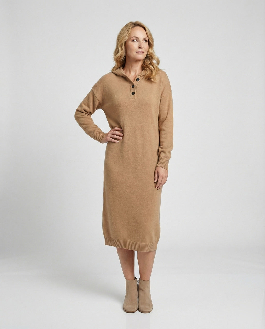 Women's Hoodie Dress made of Soft Knit Material with Button Placket