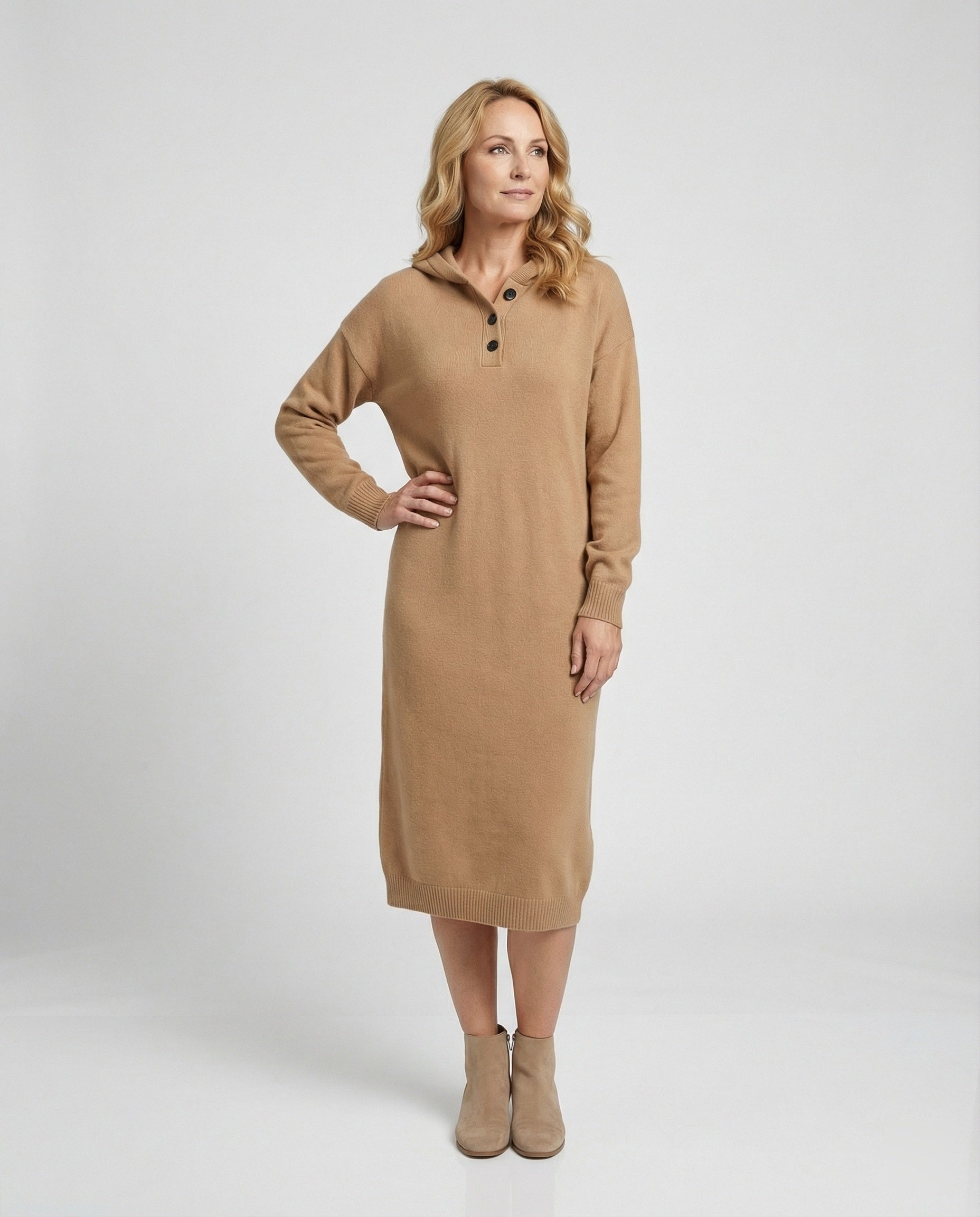 Women's Hoodie Dress made of Soft Knit Material with Button Placket