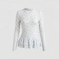 Ladies blouse with fresh floral print and playful ruffled hem - Chichicherry