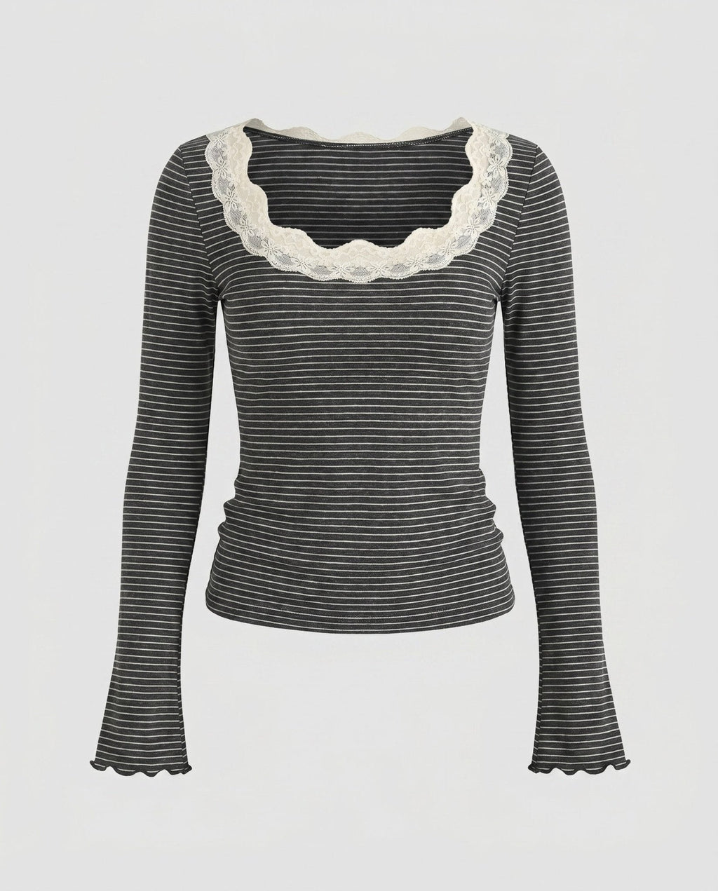 Ladies long sleeve shirt with elegant lace collar and striped design - Chichicherry