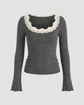 Ladies long sleeve shirt with elegant lace collar and striped design - Chichicherry