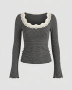 Ladies long sleeve shirt with elegant lace collar and striped design - Chichicherry
