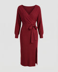 Women's Knit Dress with Elegant Wrap Design and Decorative Belt