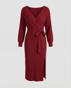 Women's Knit Dress with Elegant Wrap Design and Decorative Belt