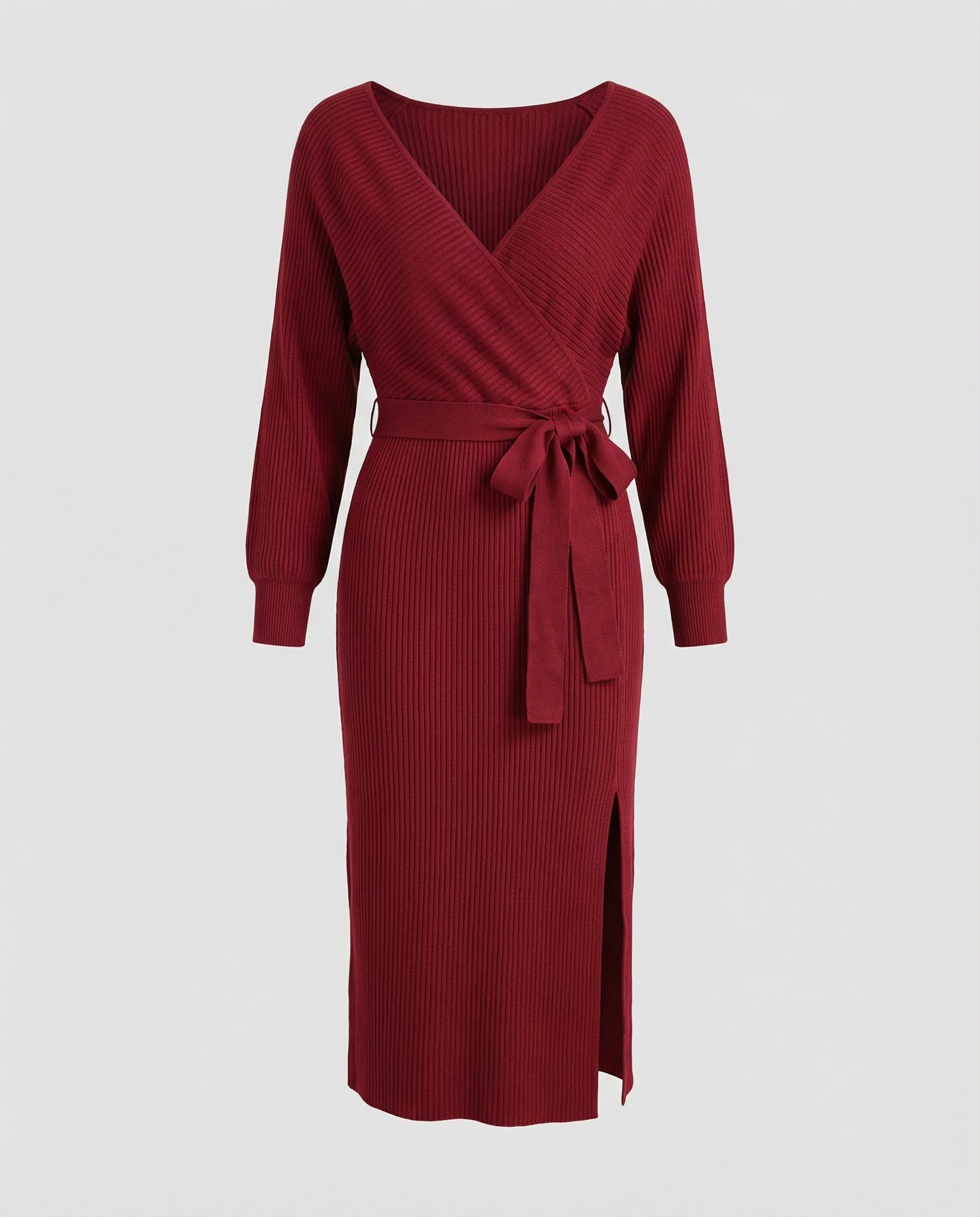 Women's Knit Dress with Elegant Wrap Design and Decorative Belt