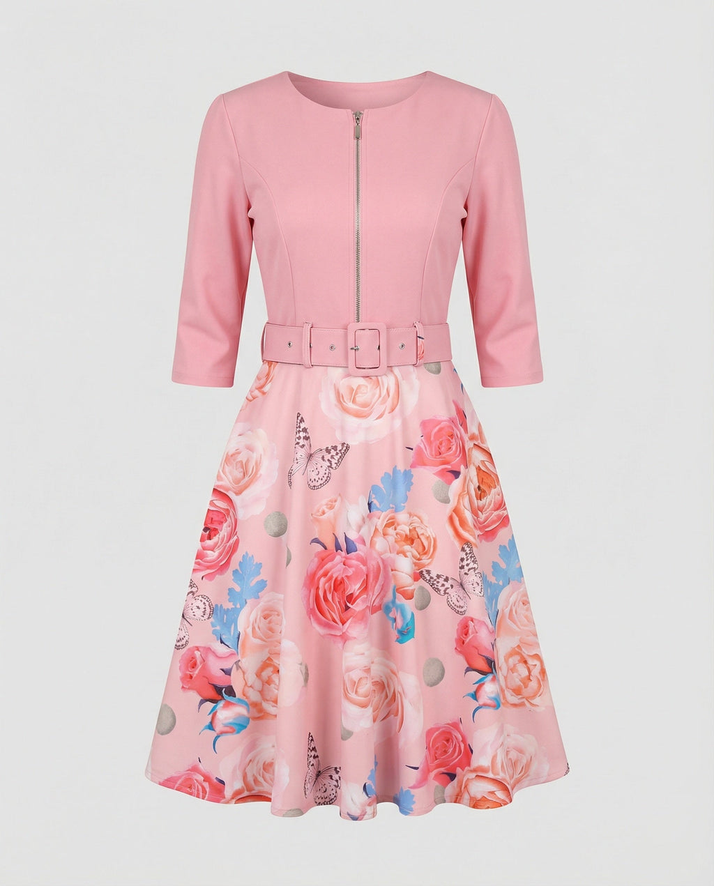Women's A-Line Dress with Fitted Belt and Floral Pattern