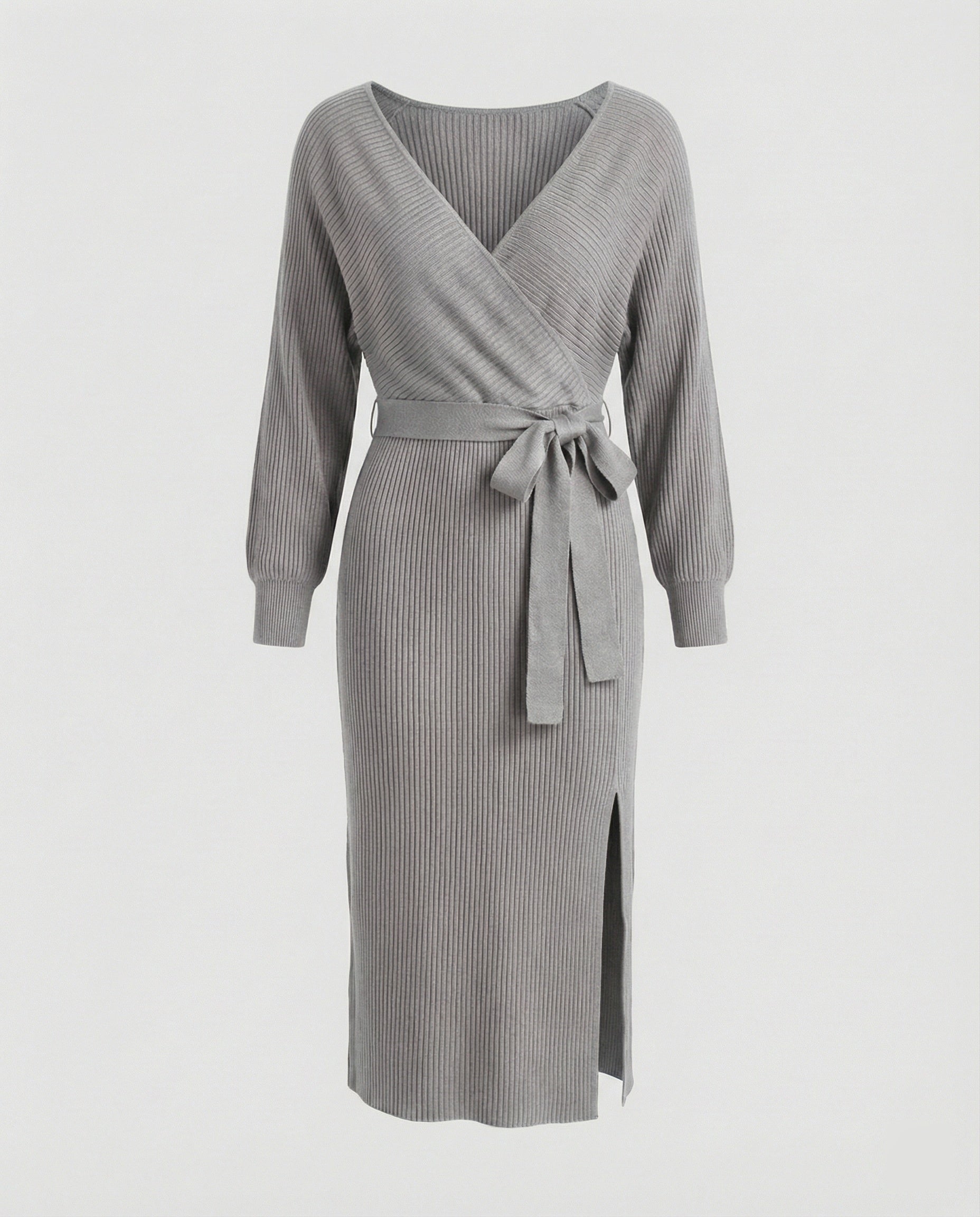Women's Knit Dress with Elegant Wrap Design and Decorative Belt