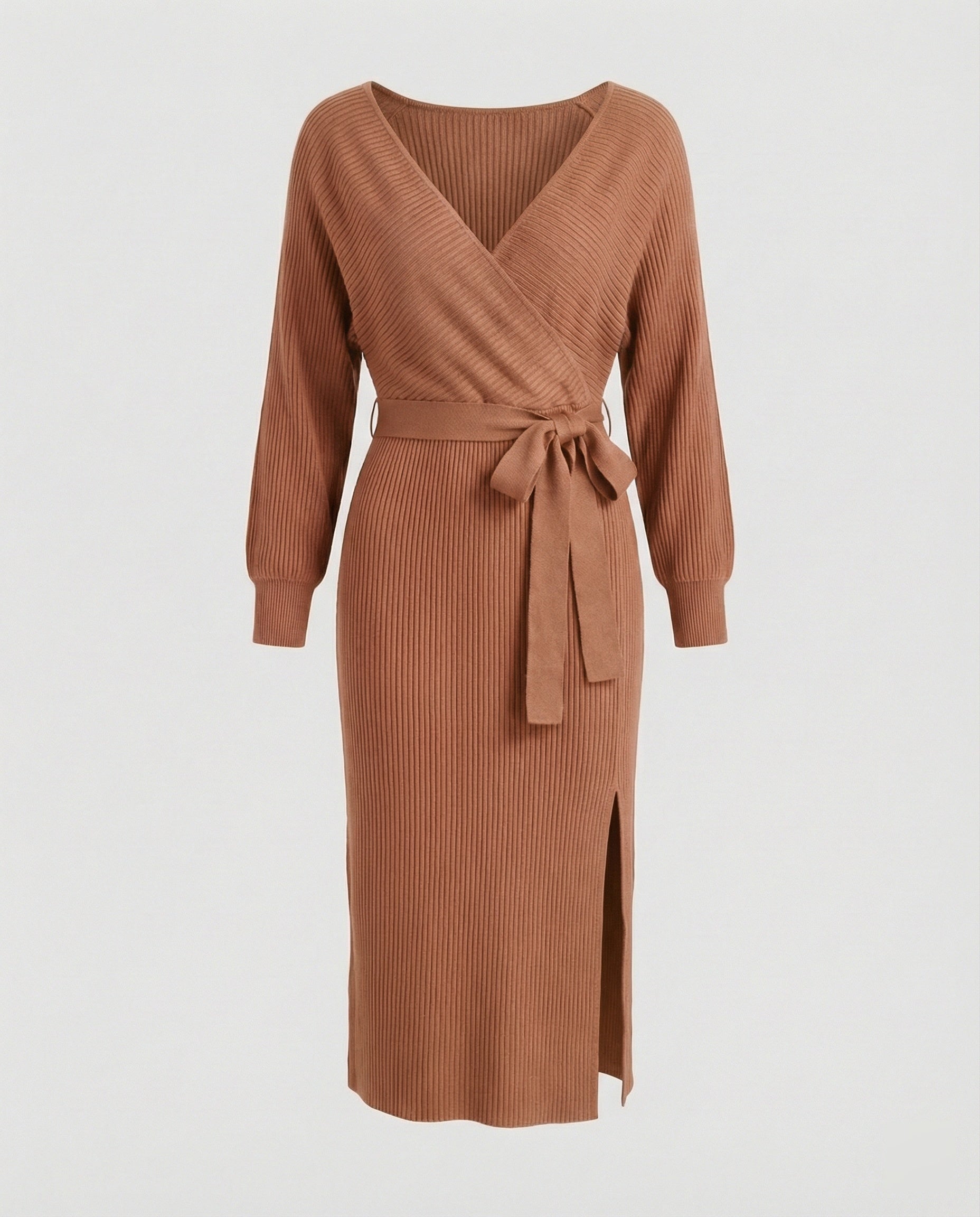 Women's Knit Dress with Elegant Wrap Design and Decorative Belt