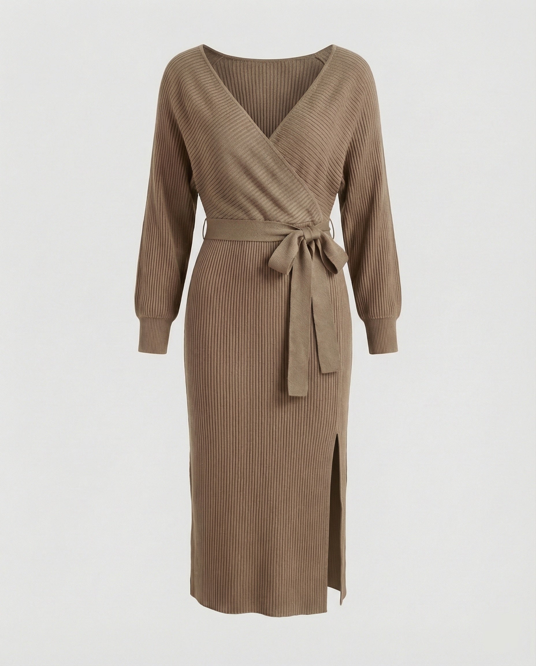 Women's Knit Dress with Elegant Wrap Design and Decorative Belt