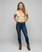 Women's Striped Eyelet-Lacing Mixed-Fabric Girl Blouse Set - Front View