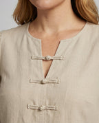 Women's Short Linen Look Mixed Material Girly Blouse Shirt - Close-Up Detail
