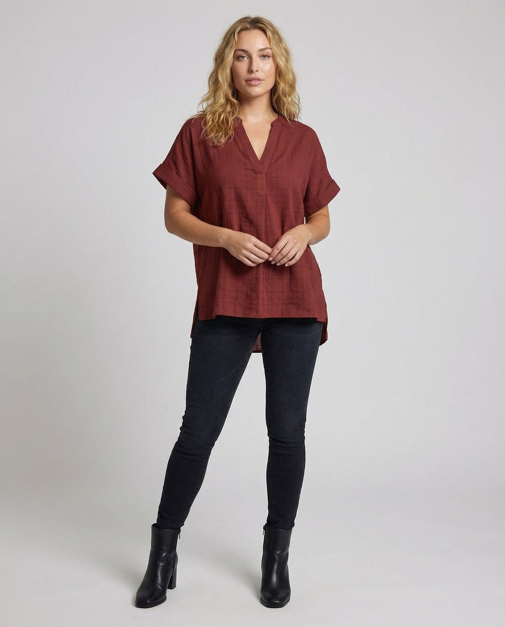 Women's Loose V-Neck Mixed Material Longline Blouse Shirt - Front View