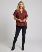 Women's Loose V-Neck Mixed Material Longline Blouse Shirt - Front View