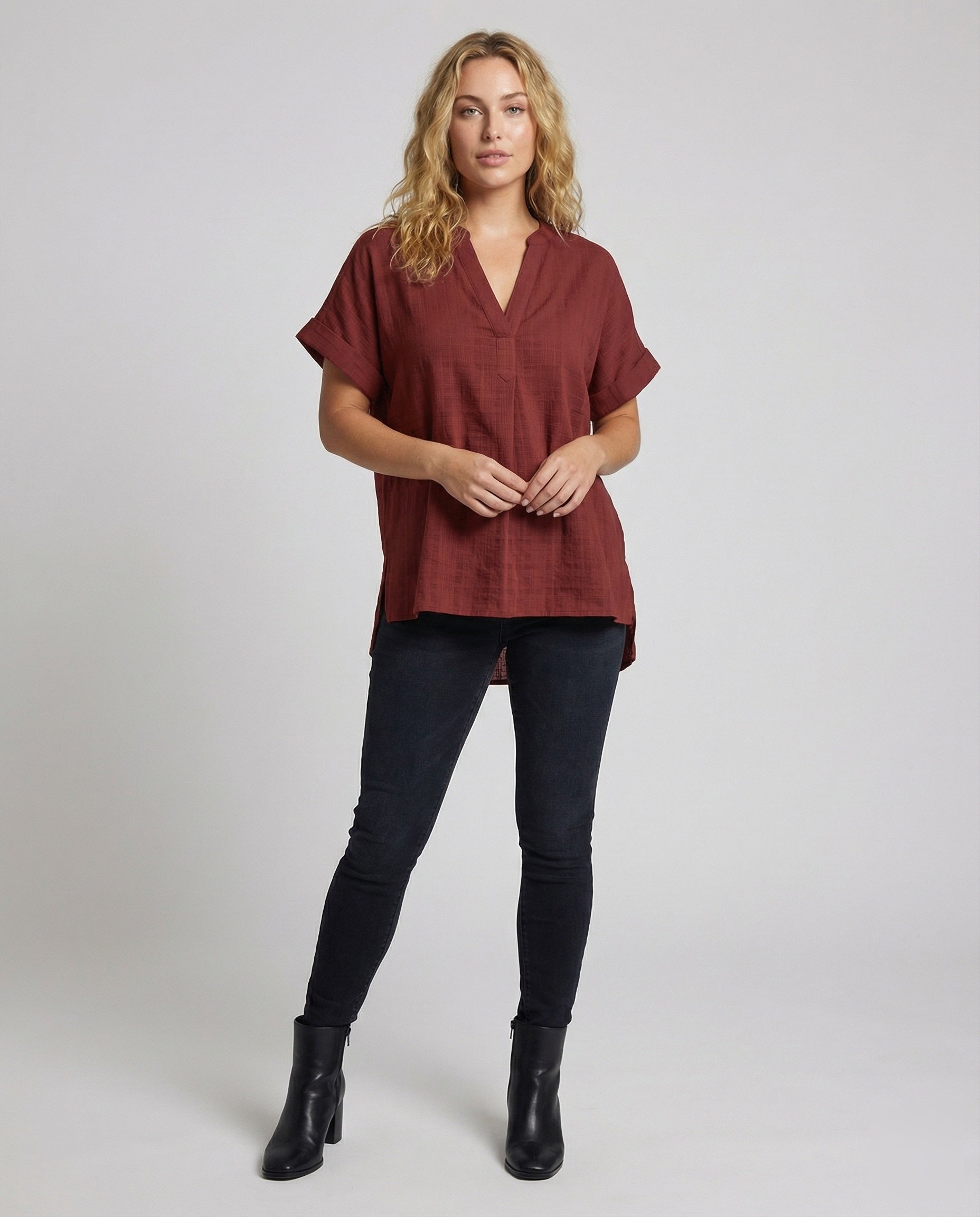 Women's Loose V-Neck Mixed Material Longline Blouse Shirt - Front View