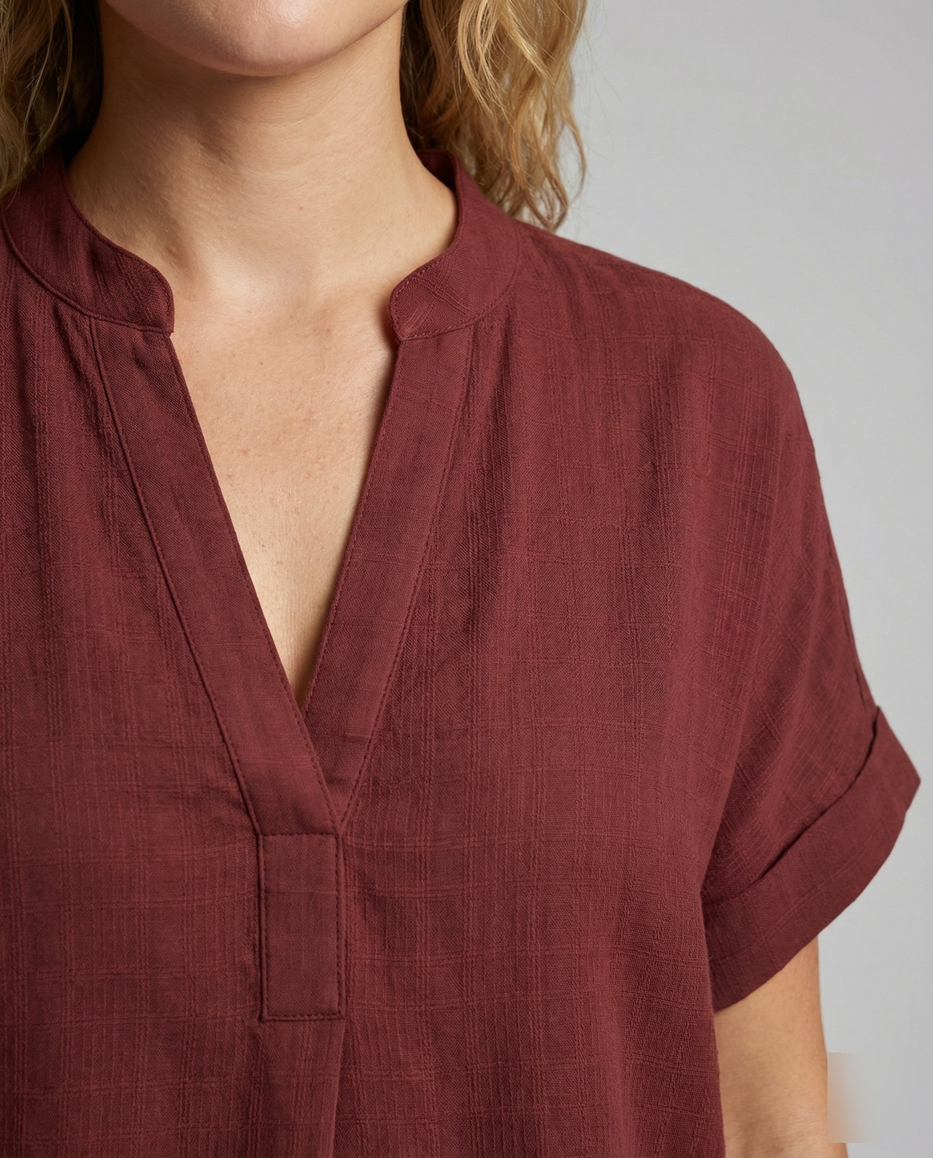 Women's Loose V-Neck Mixed Material Longline Blouse Shirt - Close-Up Detail