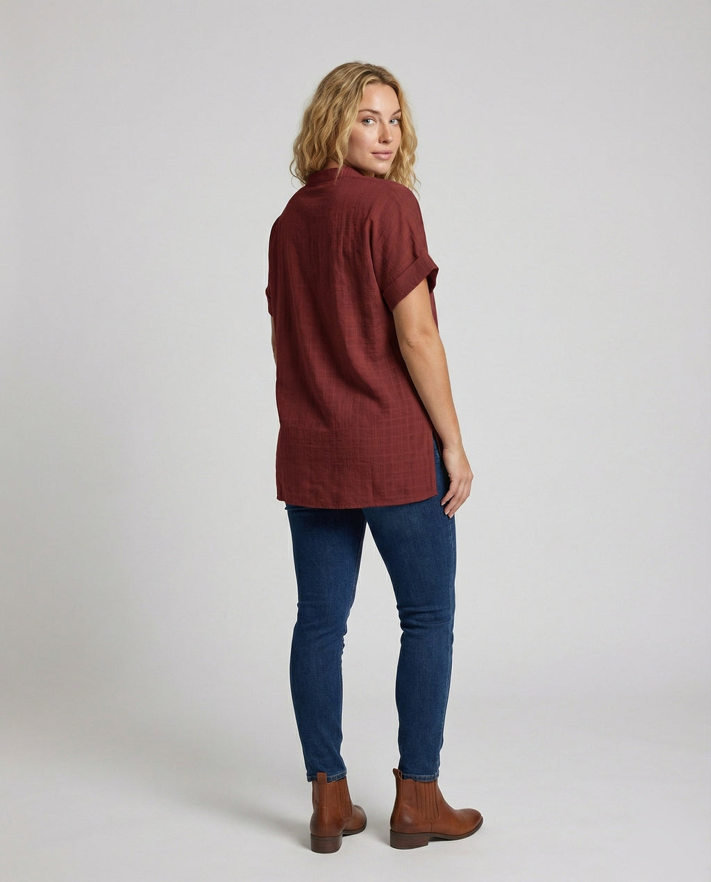 Women's Loose V-Neck Mixed Material Longline Blouse Shirt - Back View