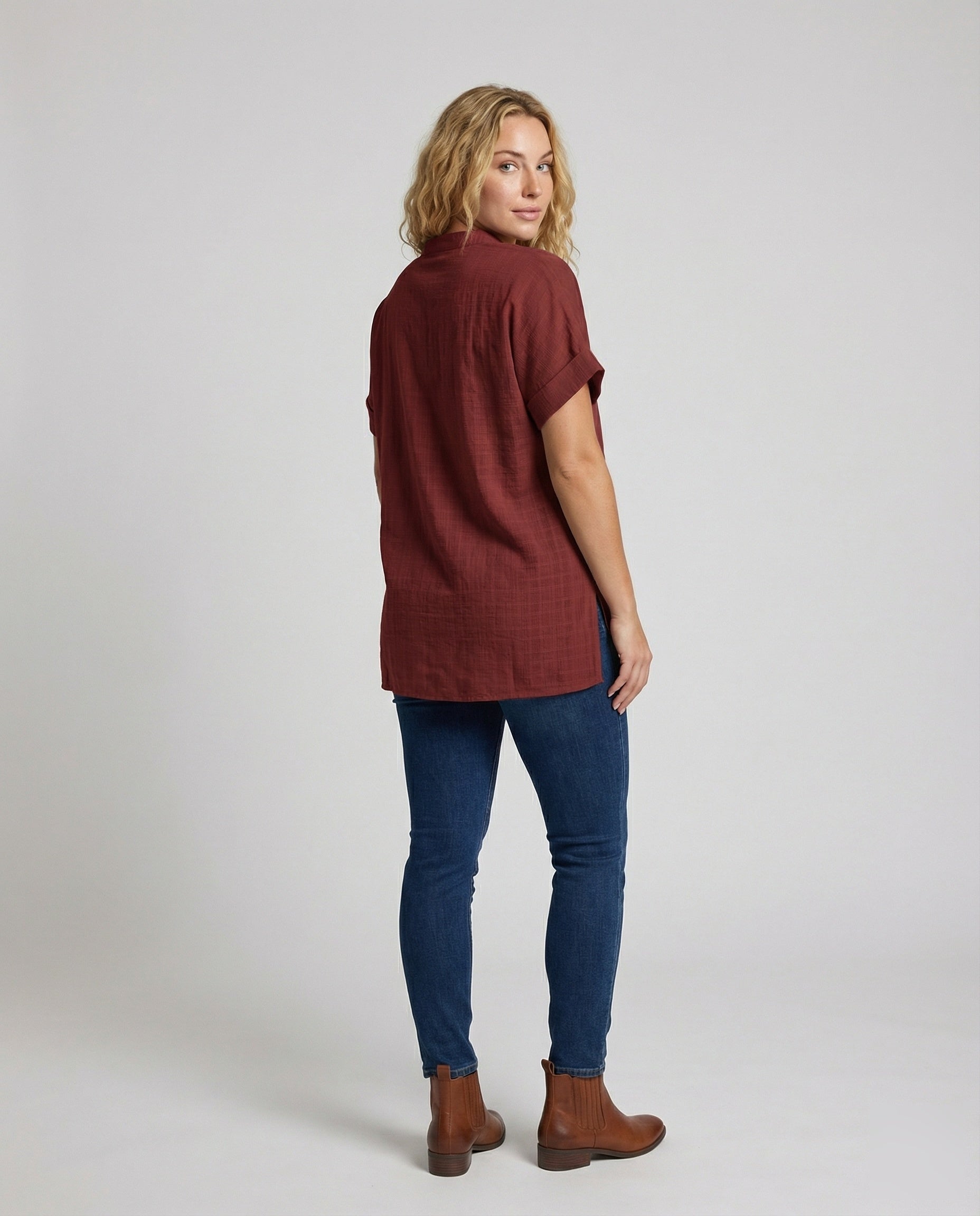 Women's Loose V-Neck Mixed Material Longline Blouse Shirt - Back View