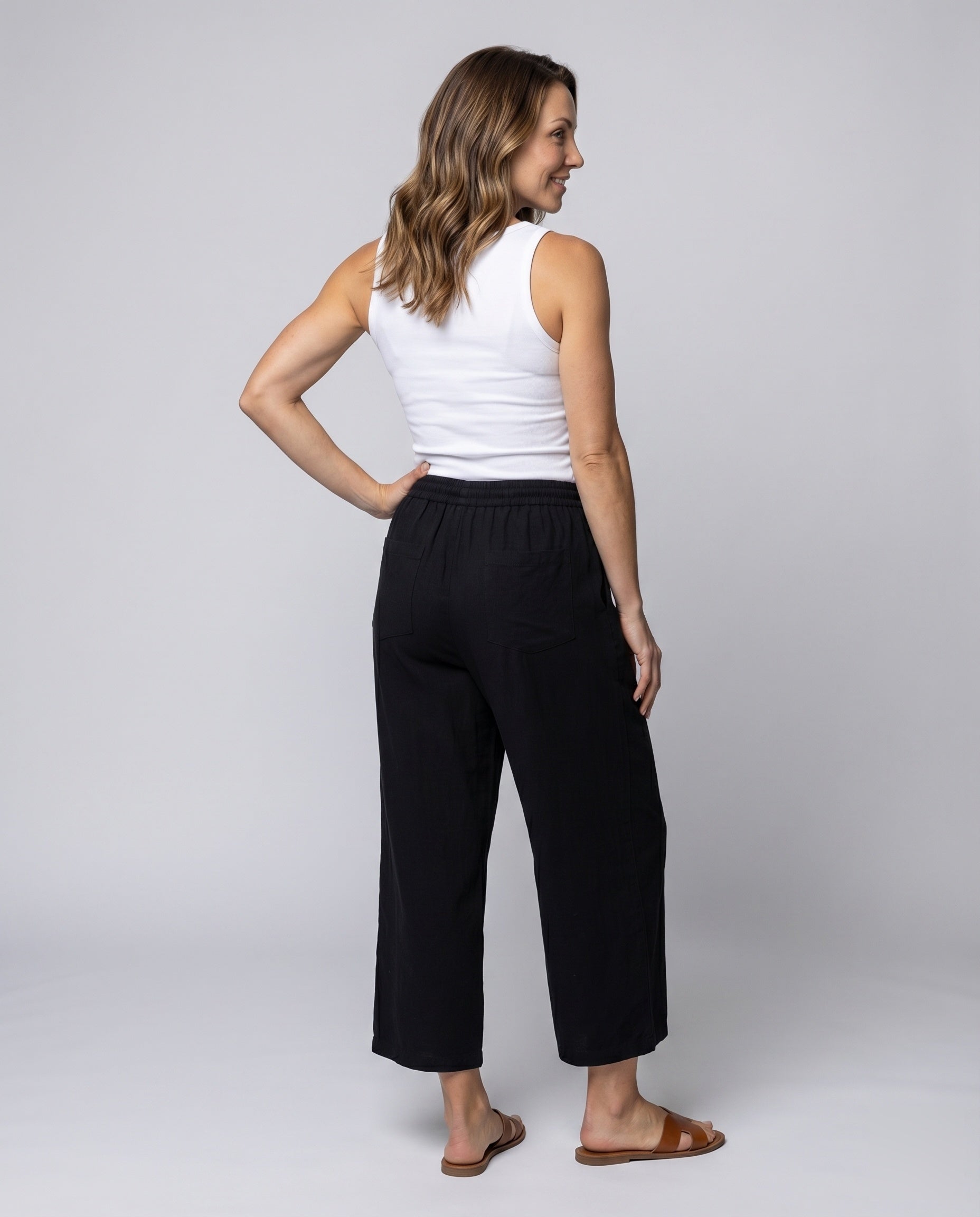 Women's Culotte Pants Linen Mix Drawstring Side Pockets - Back View