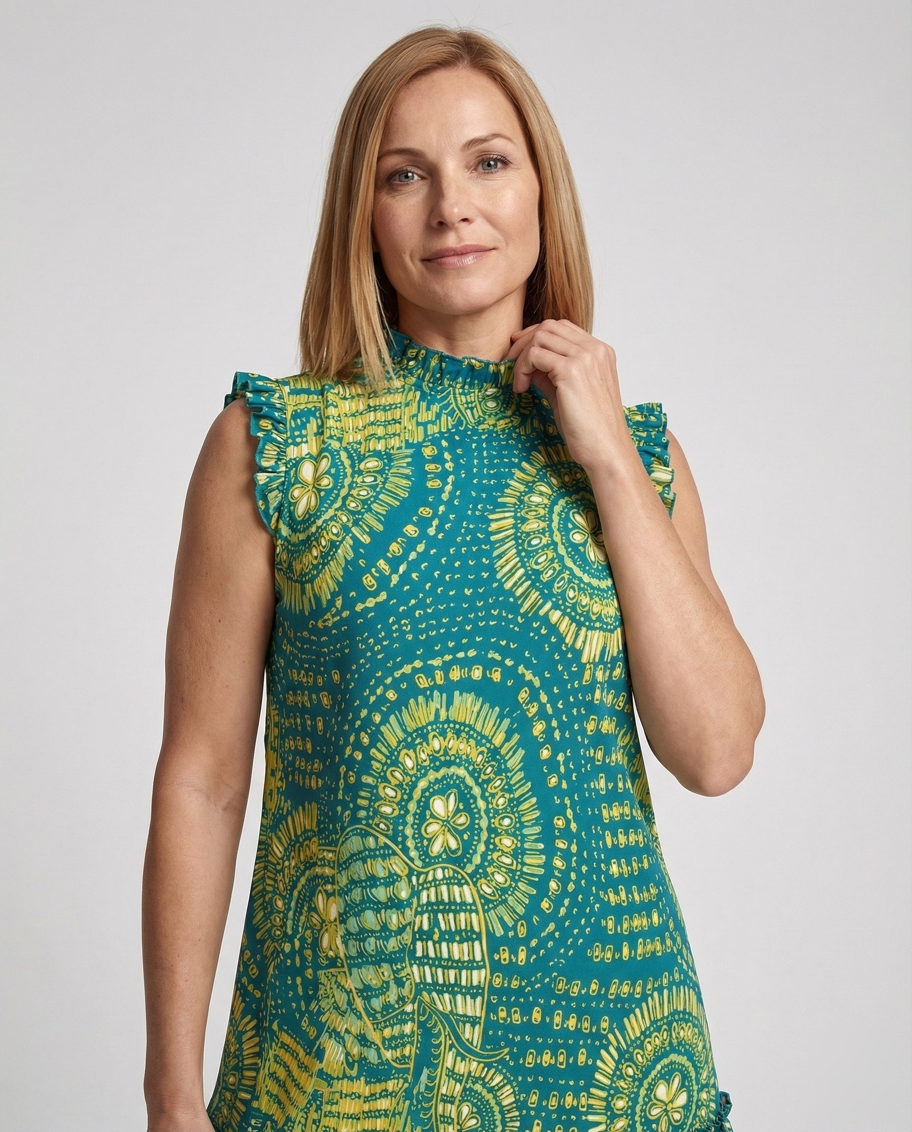 Ruffle Dress Sleeveless Boho Print Women - Upper Body View