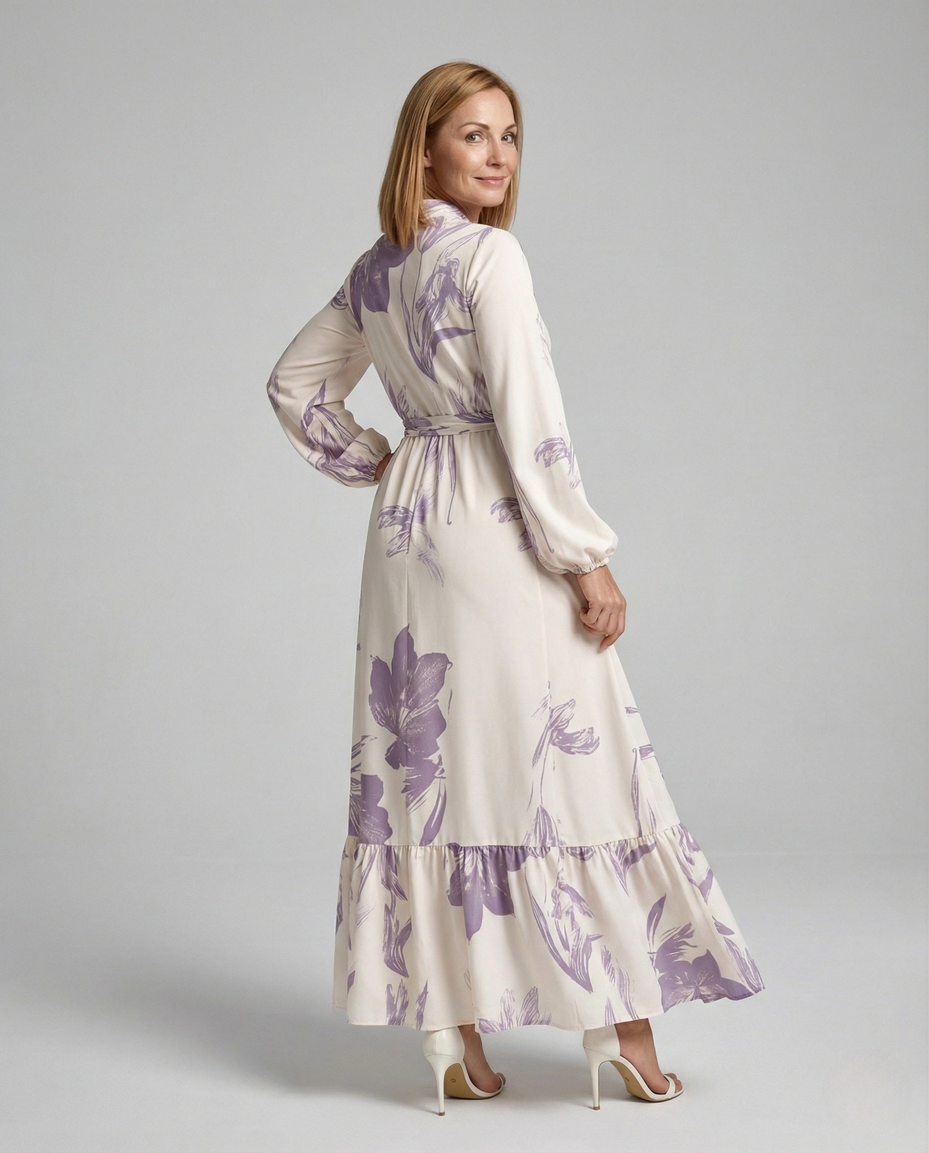 Women's Maxi Dress with Stand Collar and Balloon Sleeves - Back View