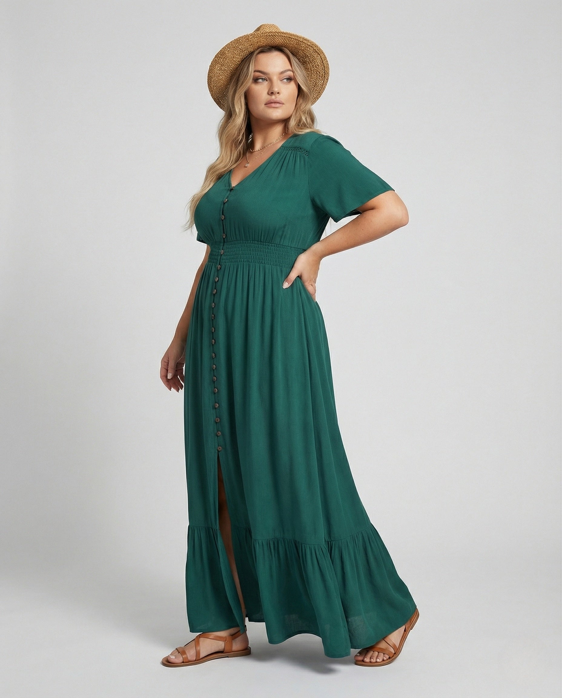Women's Maxi Dress with Button Placket and Tiered Ruffle - Front View