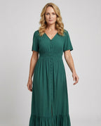 Women's Maxi Dress with Button Placket and Tiered Ruffle - Upper Body View