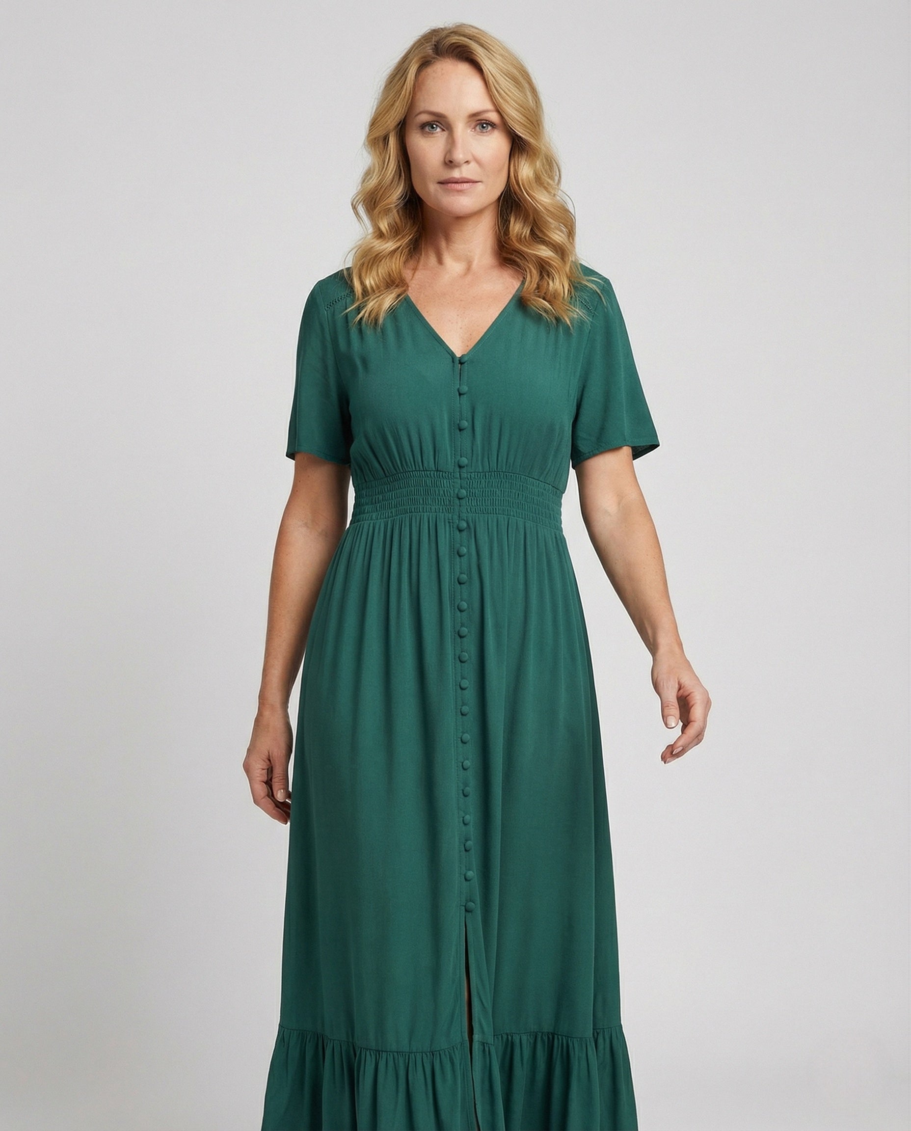 Women's Maxi Dress with Button Placket and Tiered Ruffle - Upper Body View