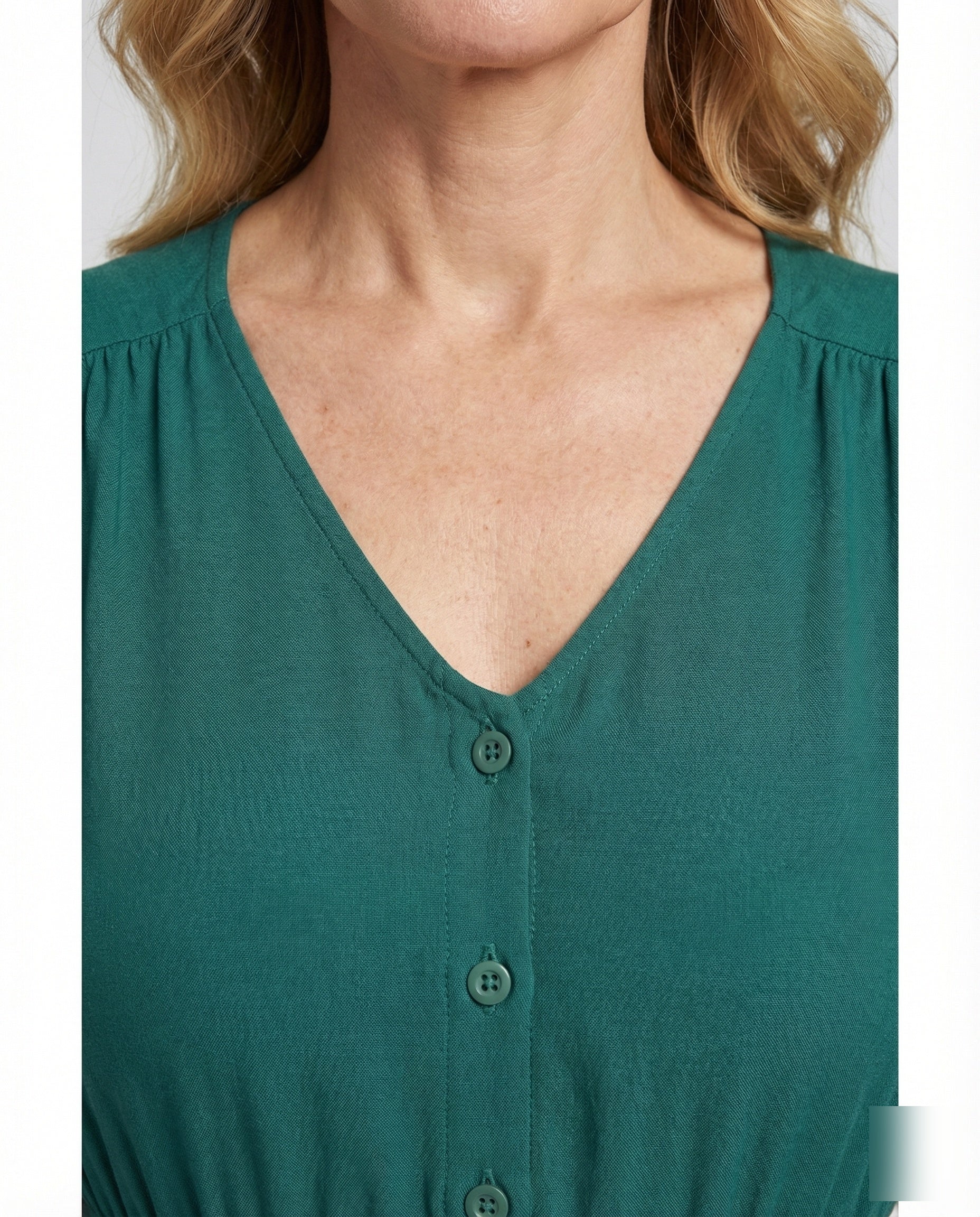 Women's Maxi Dress with Button Placket and Tiered Ruffle - Close-Up Detail