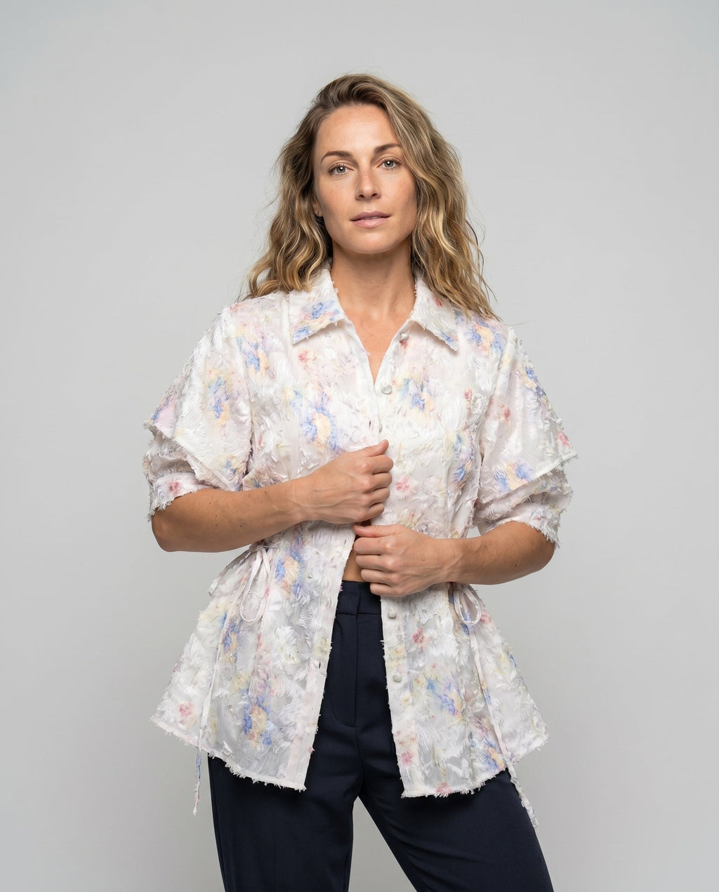 Women's Shirt Dress in a Casual Style with Floral Details - Upper Body View