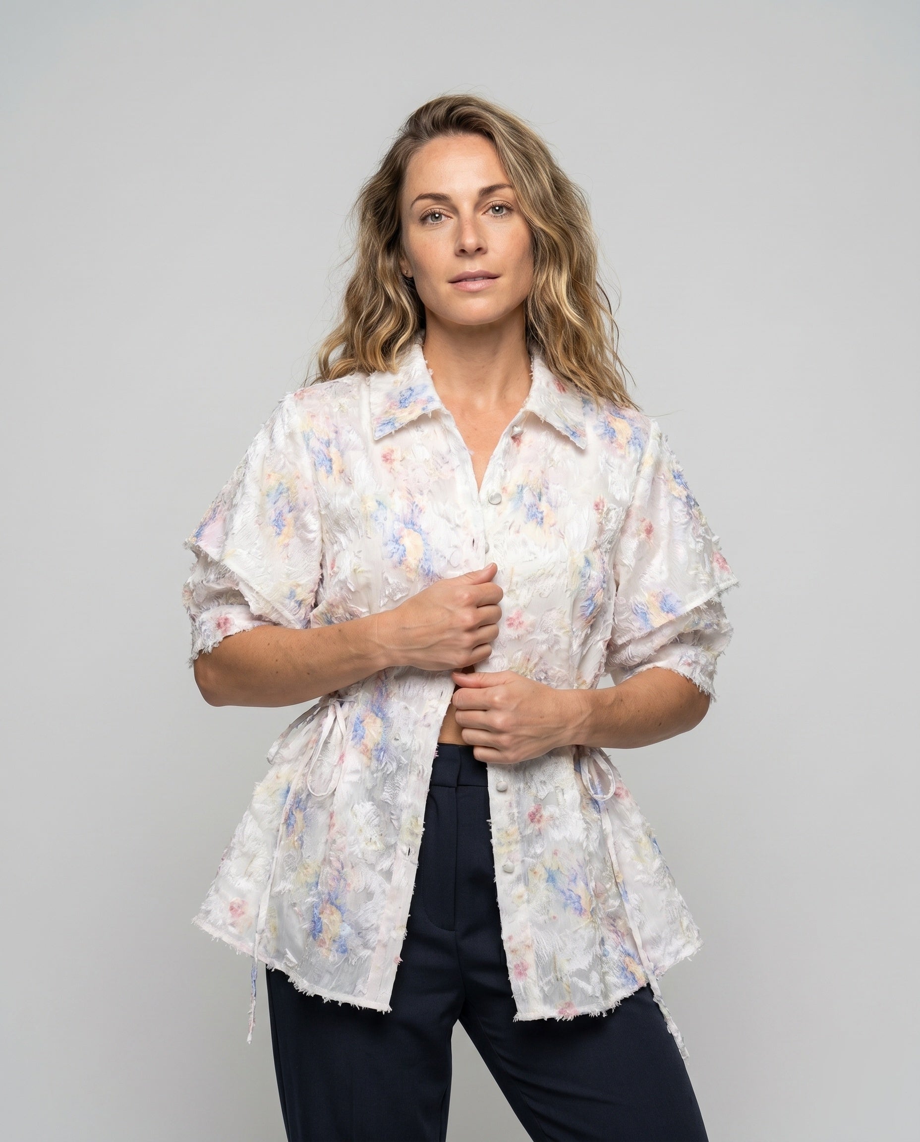 Women's Shirt Dress in a Casual Style with Floral Details - Upper Body View