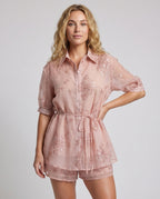 Women's Elegant Blouse Dress with Delicate Embroidery, Matching Skirt - Upper Body View