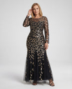 Women's Tulle Evening Dress with Leaf Embroidery, Mermaid Silhouette - Front View