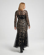 Women's Tulle Evening Dress with Leaf Embroidery, Mermaid Silhouette - Back View