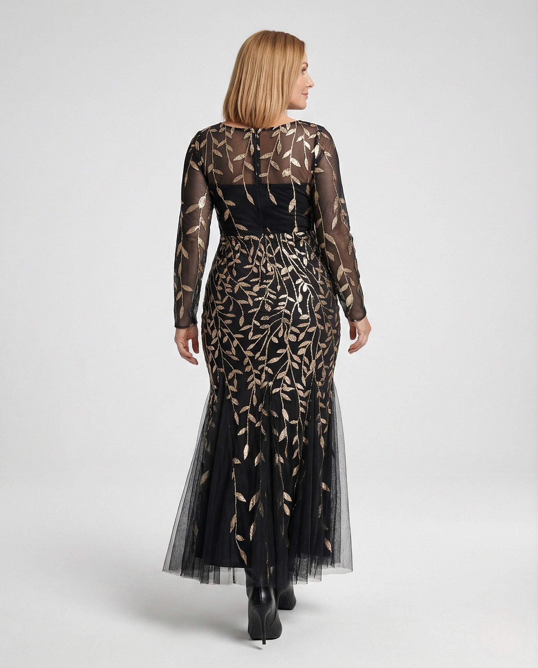 Women's Tulle Evening Dress with Leaf Embroidery, Mermaid Silhouette - Back View