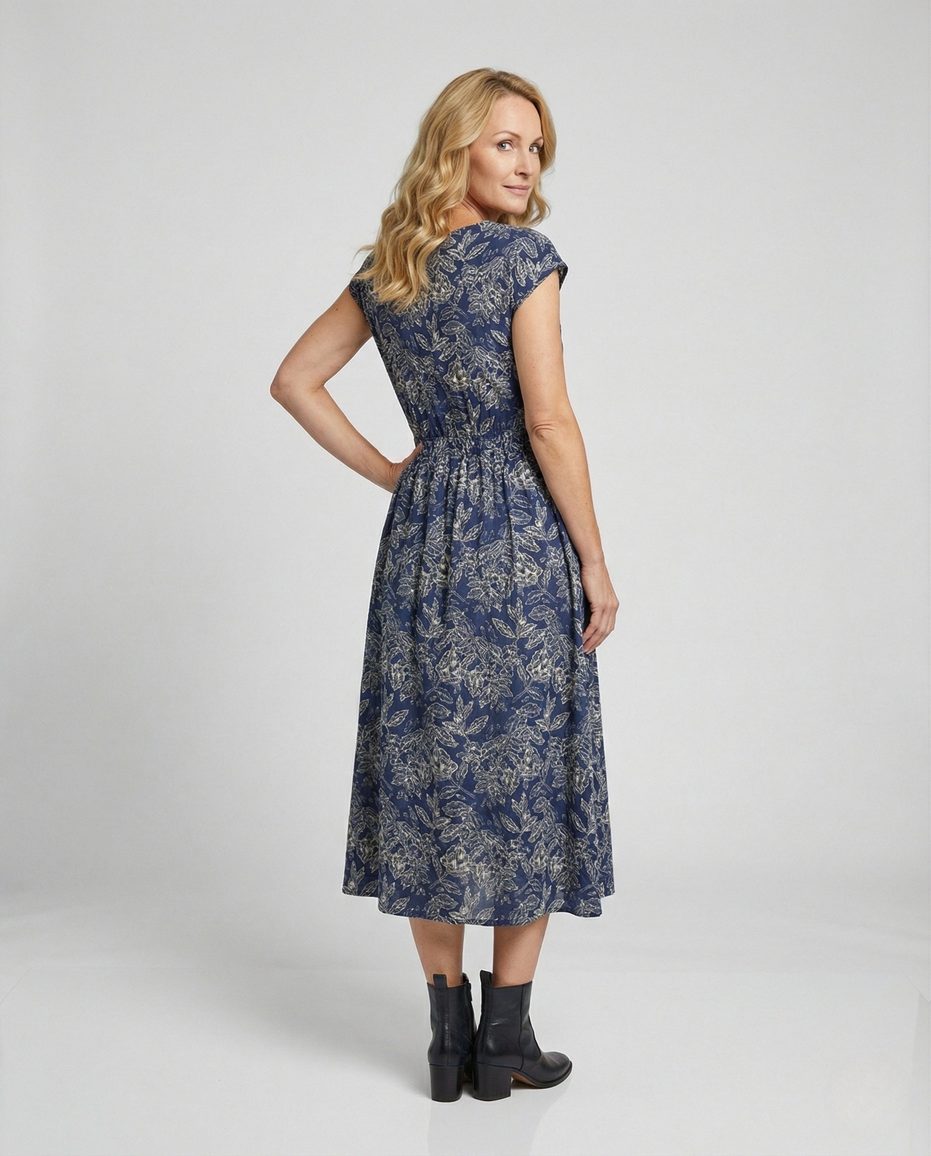 Women's Floor-Length Beach Dress with Botanical Print - Back View