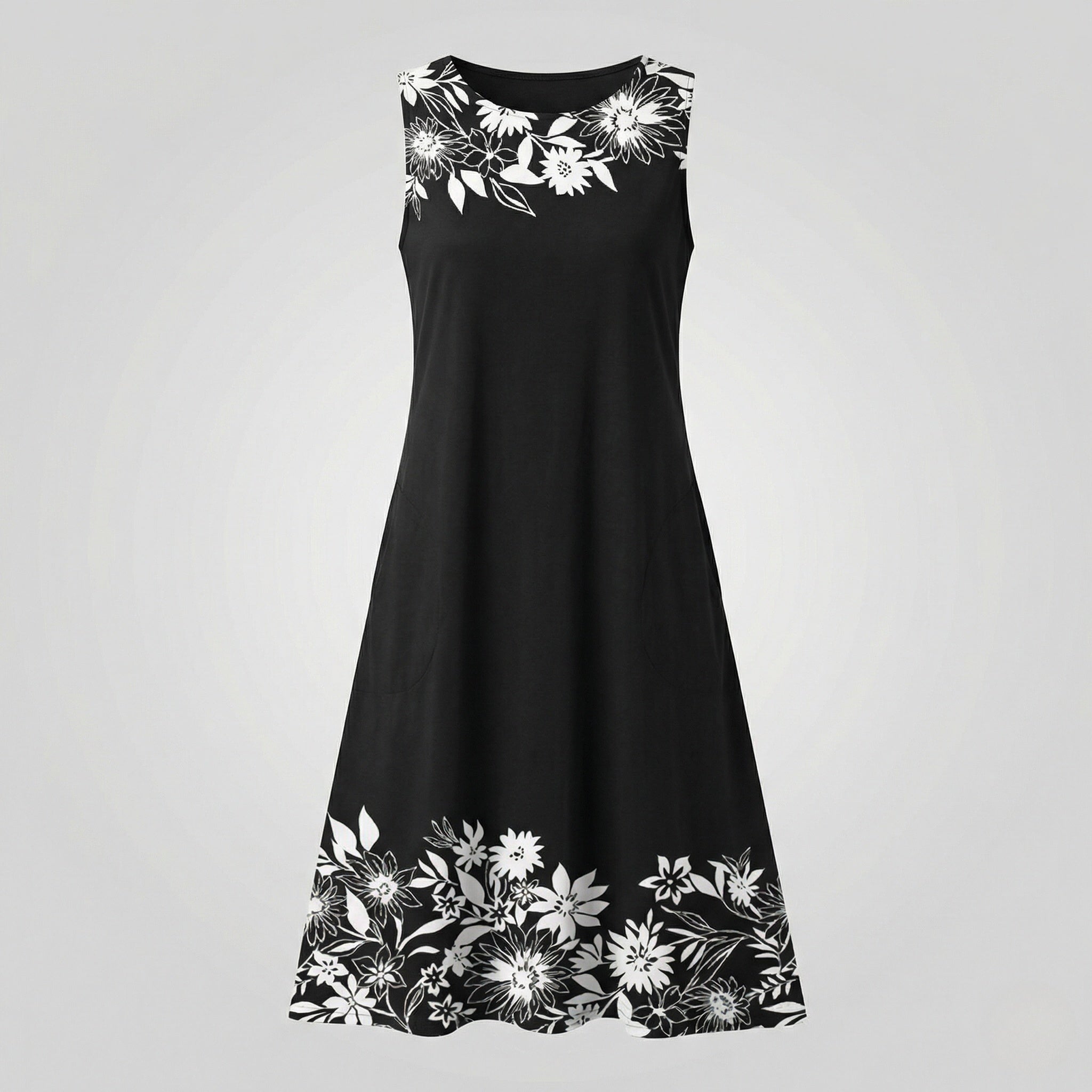 Women's Sleeveless A-Line Midi Dress with Floral Border