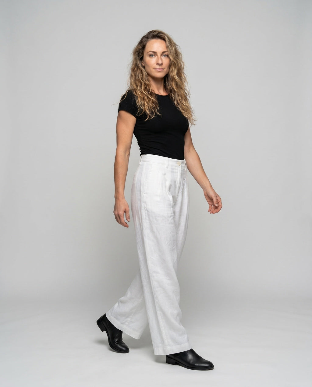 Women's Wide Linen Pants with High Waist, Pleats, and Side Pockets - Front View