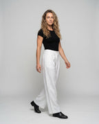 Women's Wide Linen Pants with High Waist, Pleats, and Side Pockets - Front View
