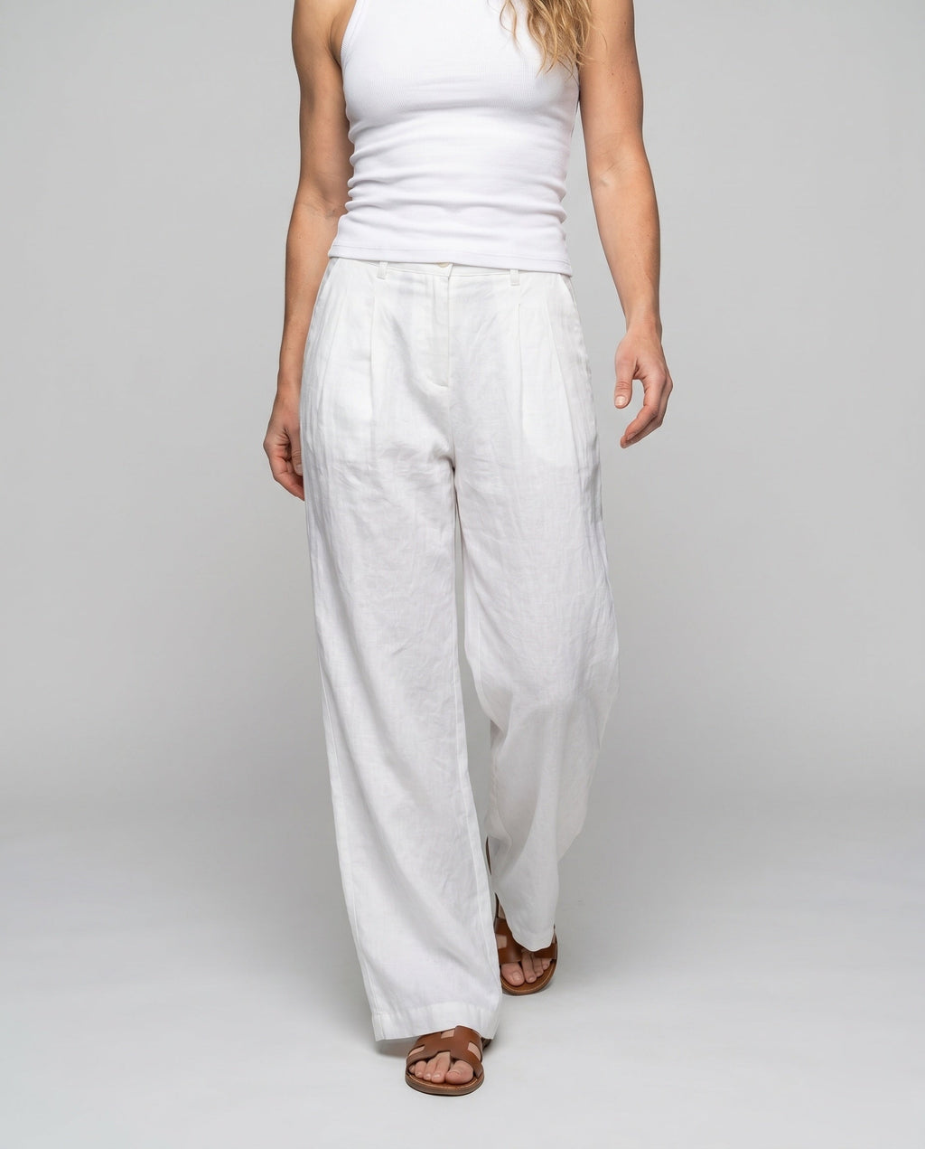 Women's Wide Linen Pants with High Waist, Pleats, and Side Pockets - Lower Body View