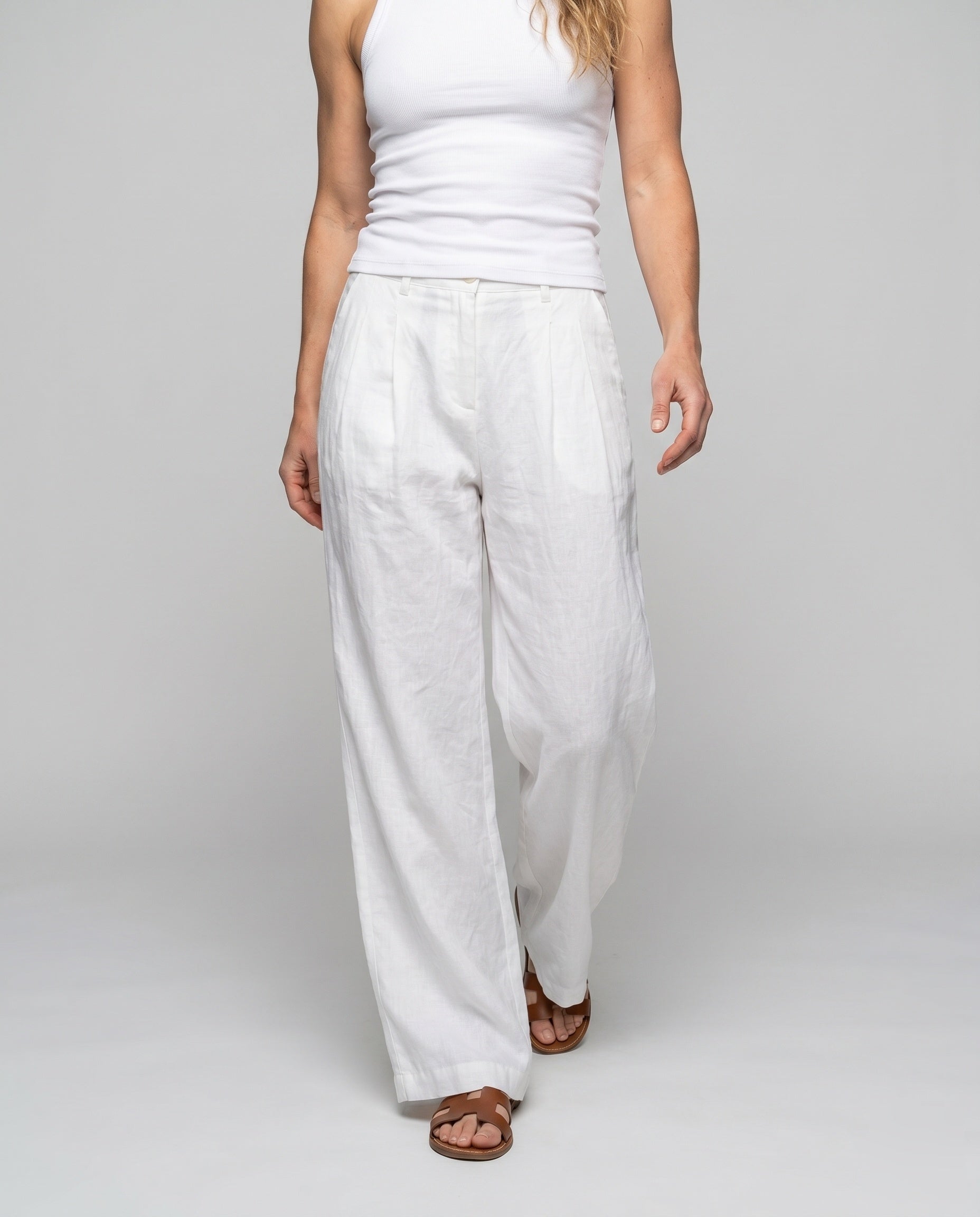 Women's Wide Linen Pants with High Waist, Pleats, and Side Pockets - Lower Body View