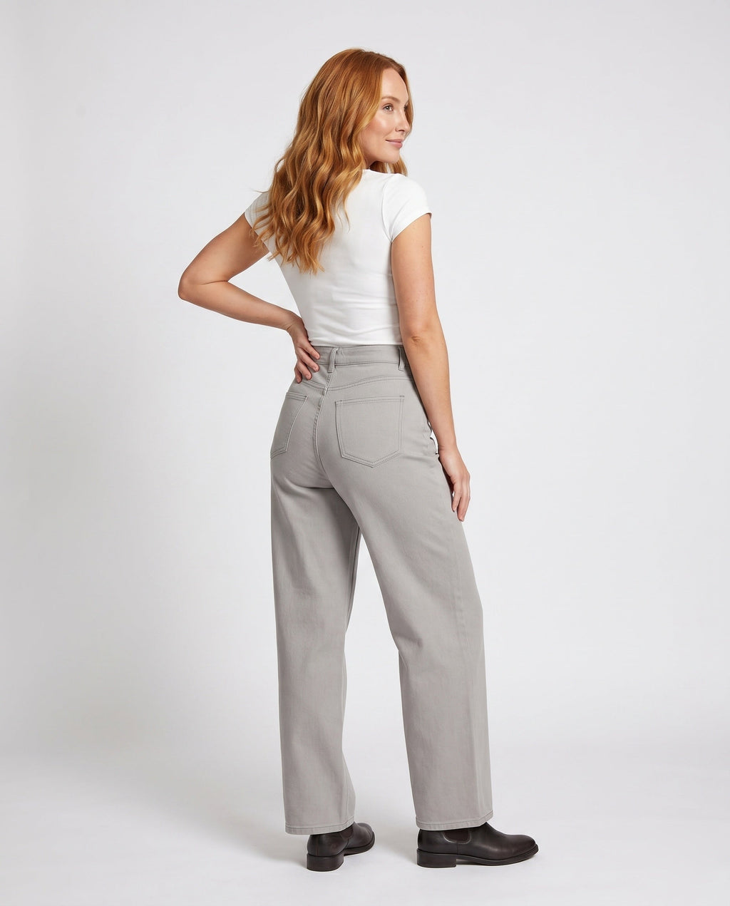 Women's Wide Cut Fabric Pants with Modern Details - Back View
