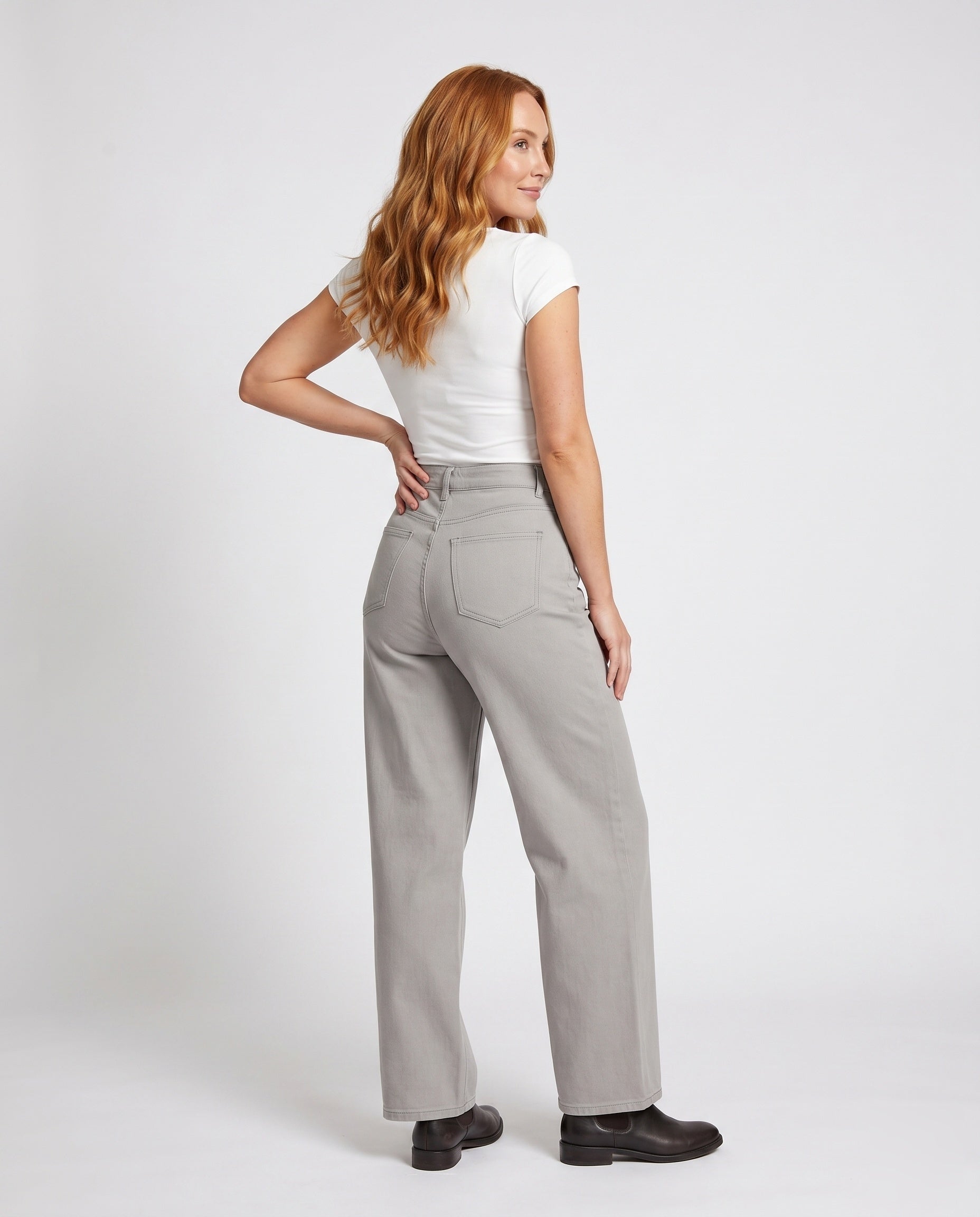Women's Wide Cut Fabric Pants with Modern Details - Back View