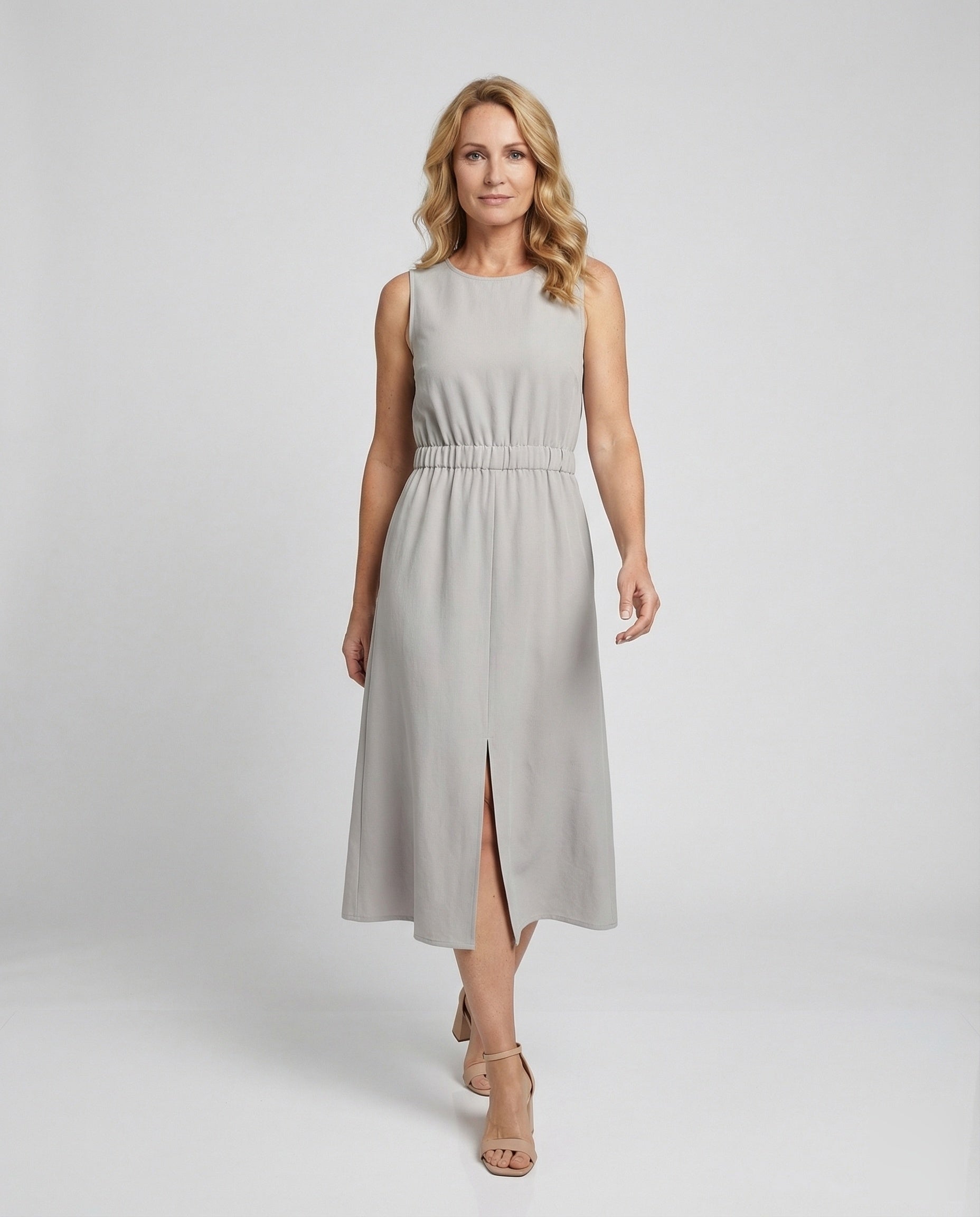 Women's Sleeveless Linen Midi Dress with Pockets - Front View