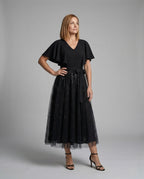 Women's Tulle Evening Dress with V-Neck - Front View