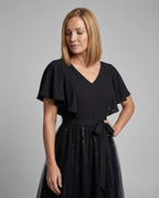 Women's Tulle Evening Dress with V-Neck - Upper Body View