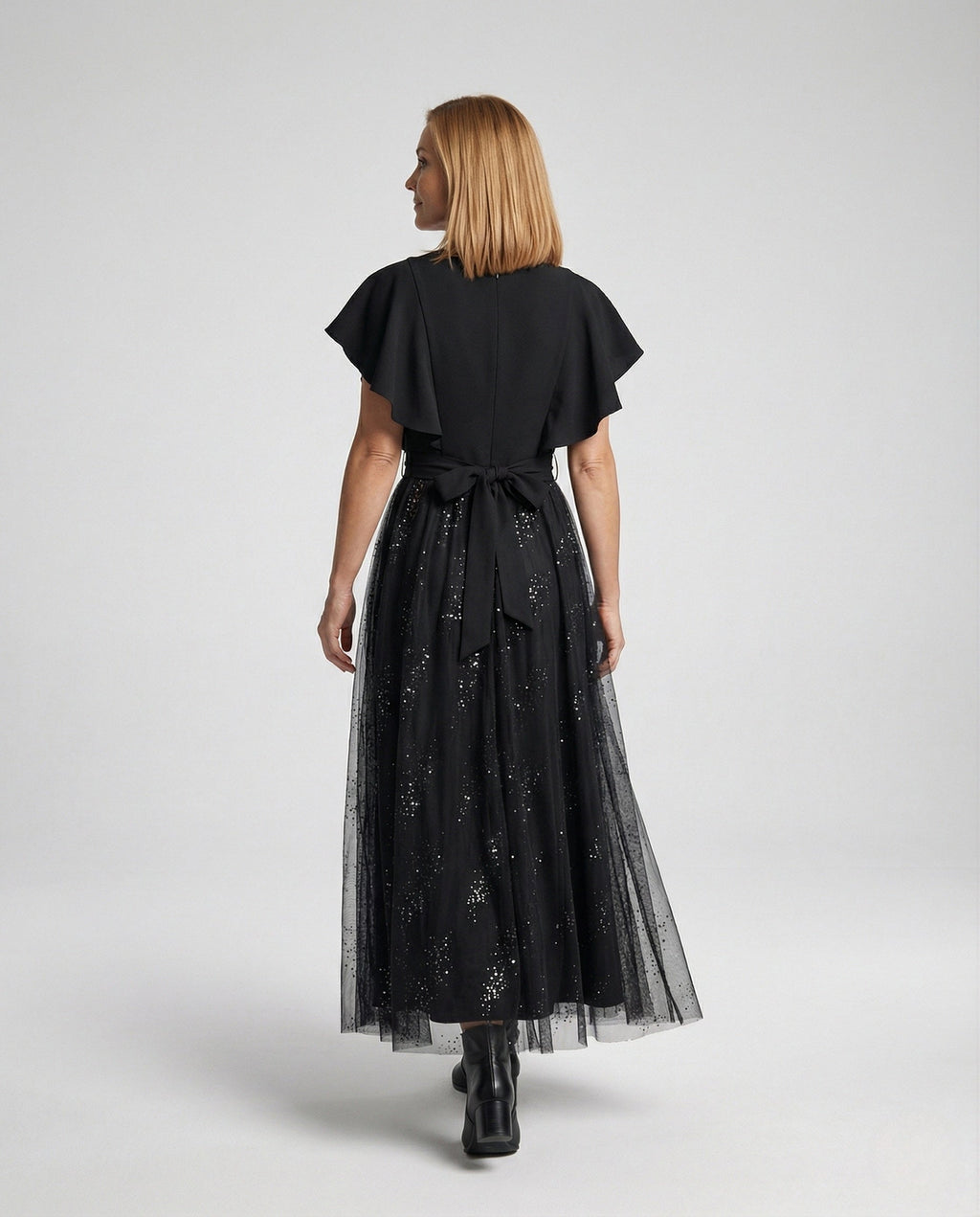 Women's Tulle Evening Dress with V-Neck - Back View
